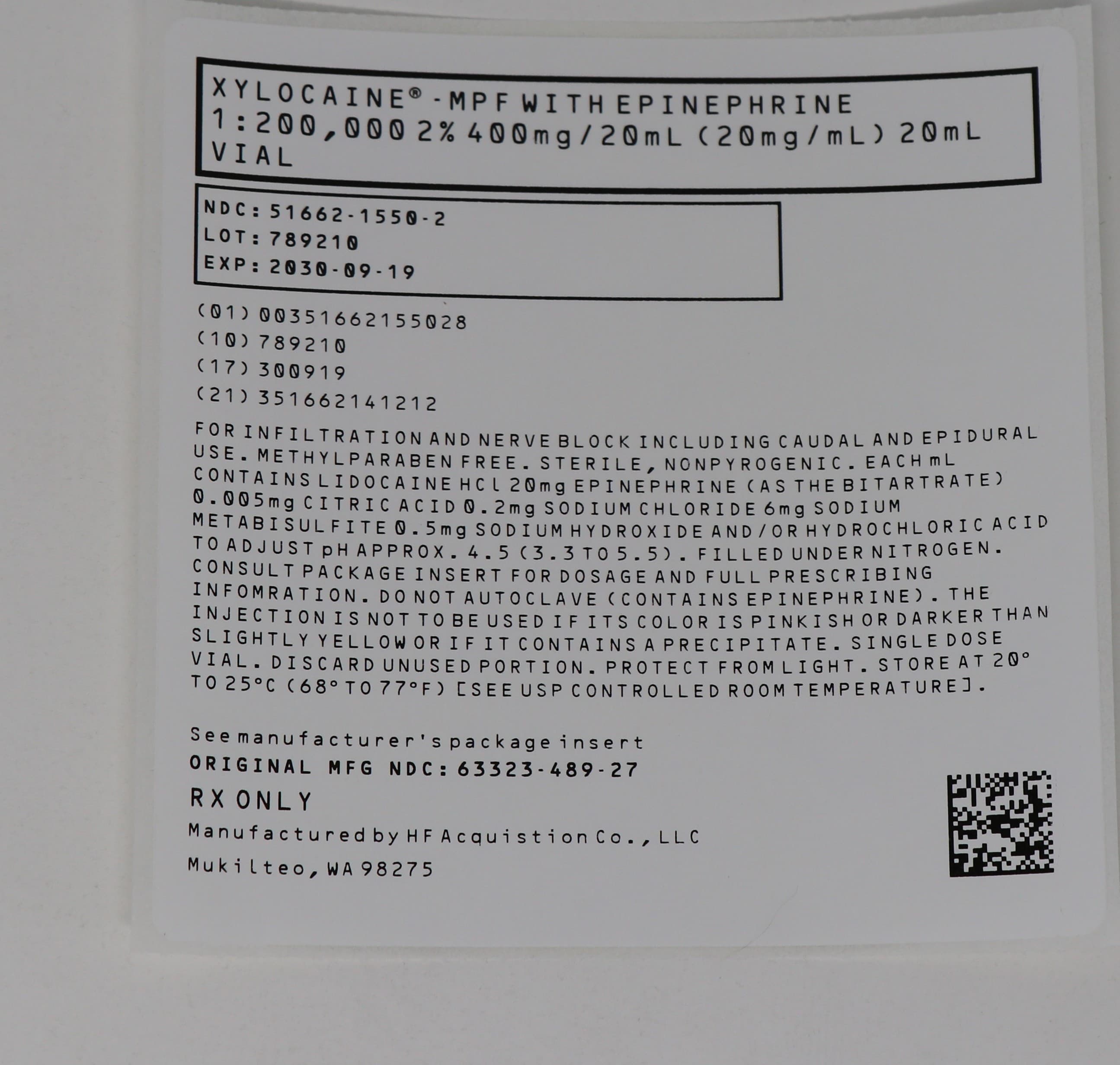 Xylocaine-Mpf with Epi package label