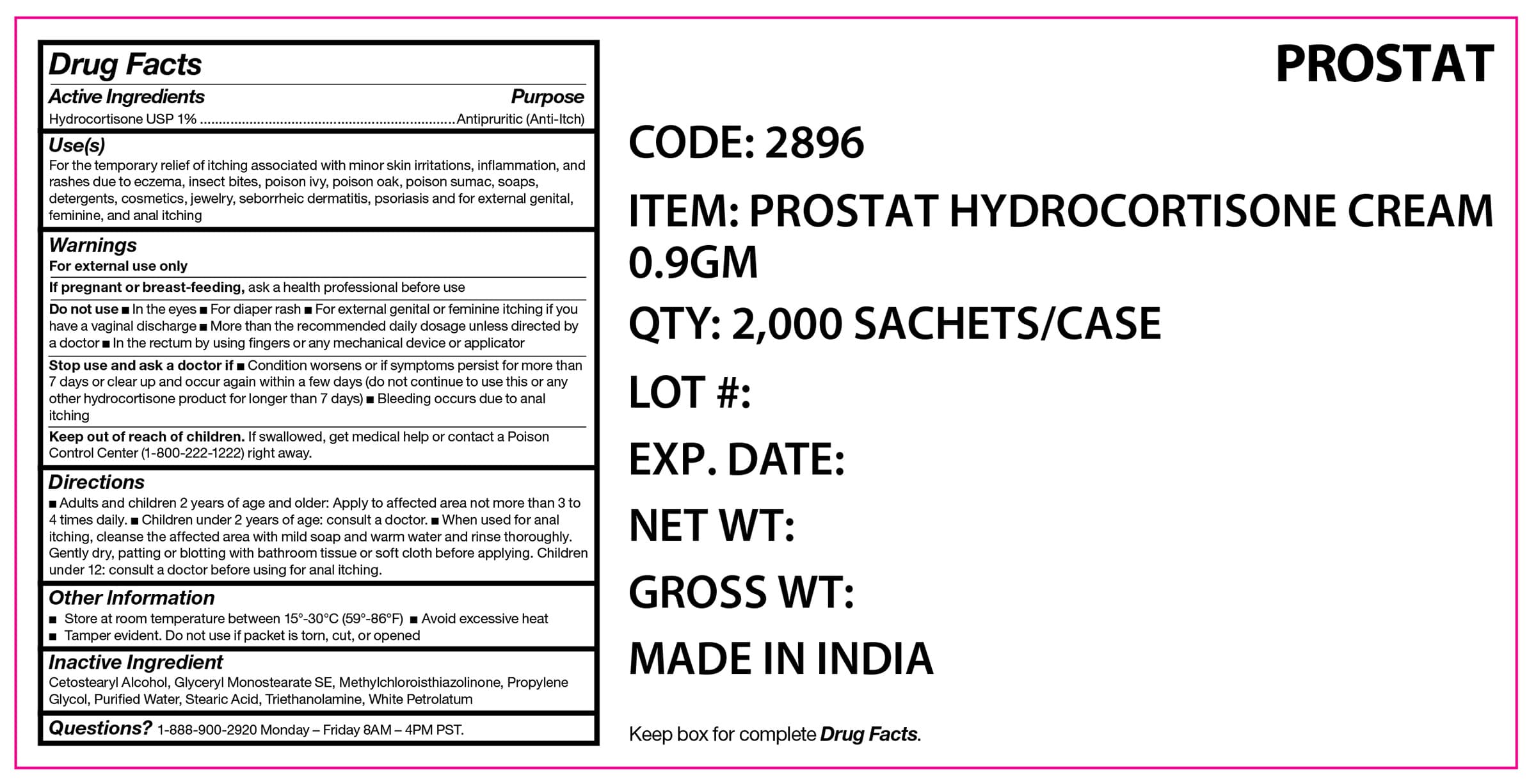 Ps-2896 Hydrocortisone Cream 1%, 0.9g package label