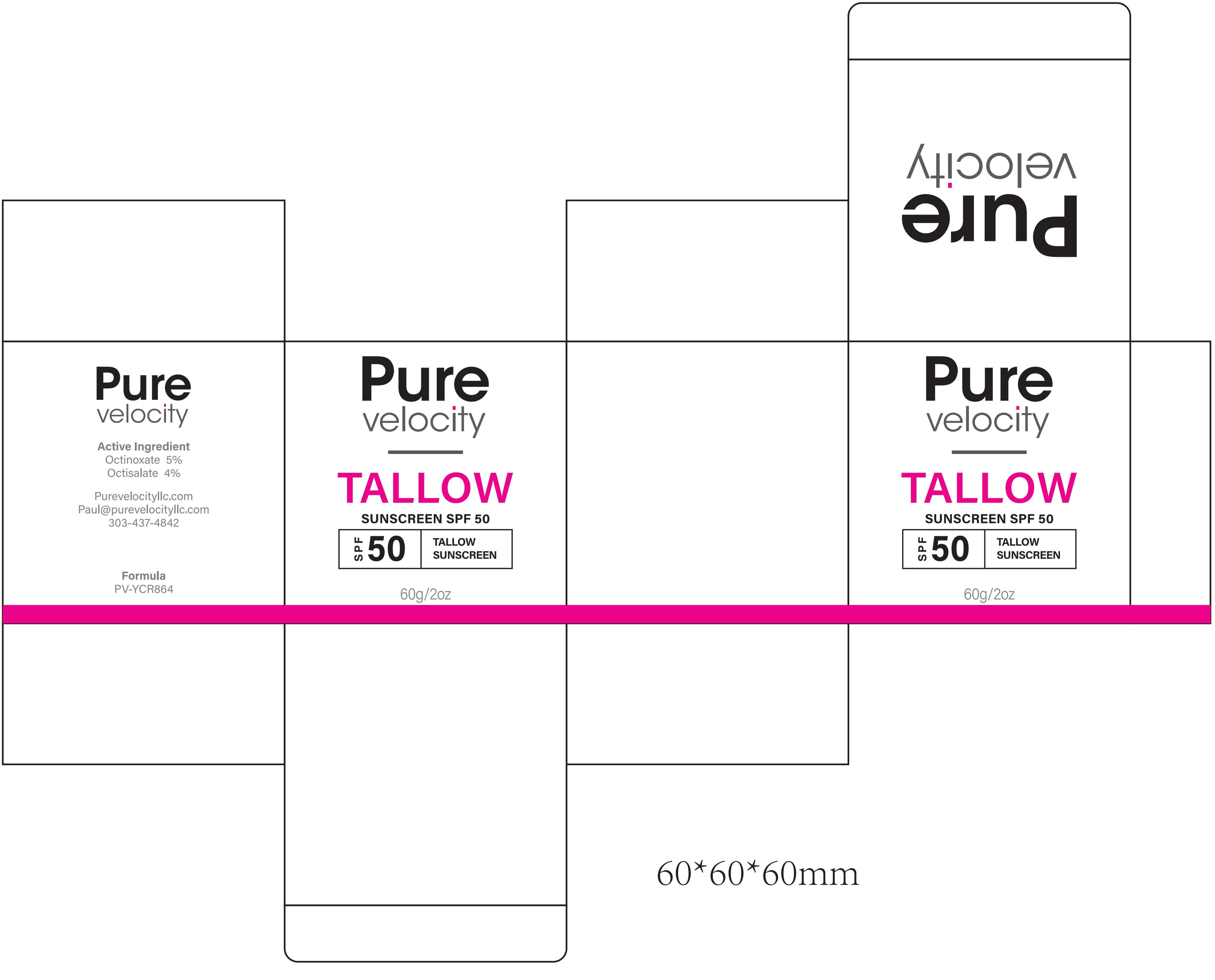 Pure Velocity Tallow Sunscreen SPF 50 package label