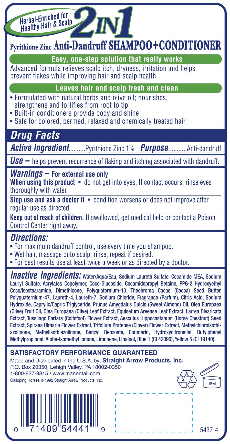 The Original Mane N Tail Daily Control 2 in 1 Anti Dandruff package label