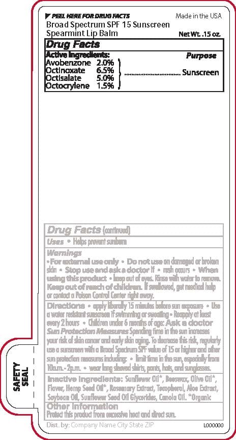 Spearmint SPF 15 Broad Spectrum Lip Balm package label