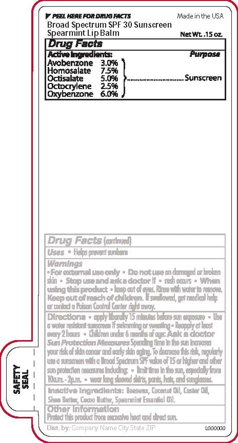 Spearmint SPF 30 Broad Spectrum Lip Balm package label