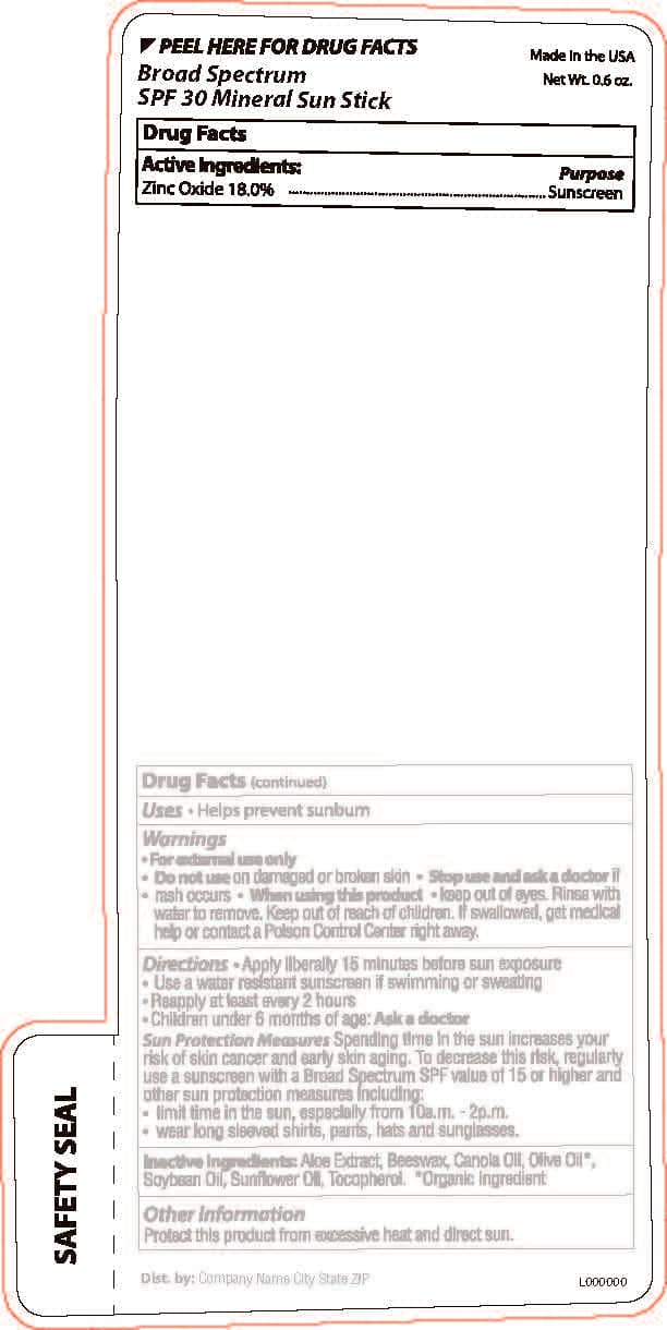 Broad Spectrum SPF 30 Mineral Sun Stick package label