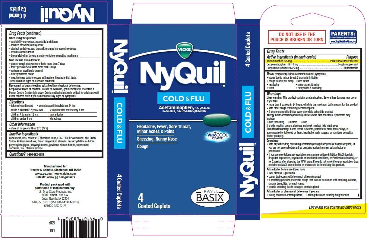 Nyquil Cold and Flu W/vapocool, 4ct, Lil Drug Store package label