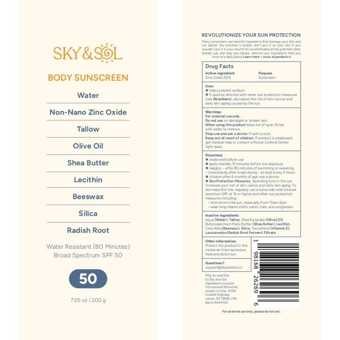 Sky and Sol Face and Body Sunscreen Spf30 package label