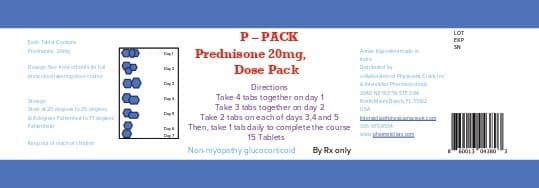 P- Pack Prednisone 20mg, 7- Day Tapering Dose Pack package label