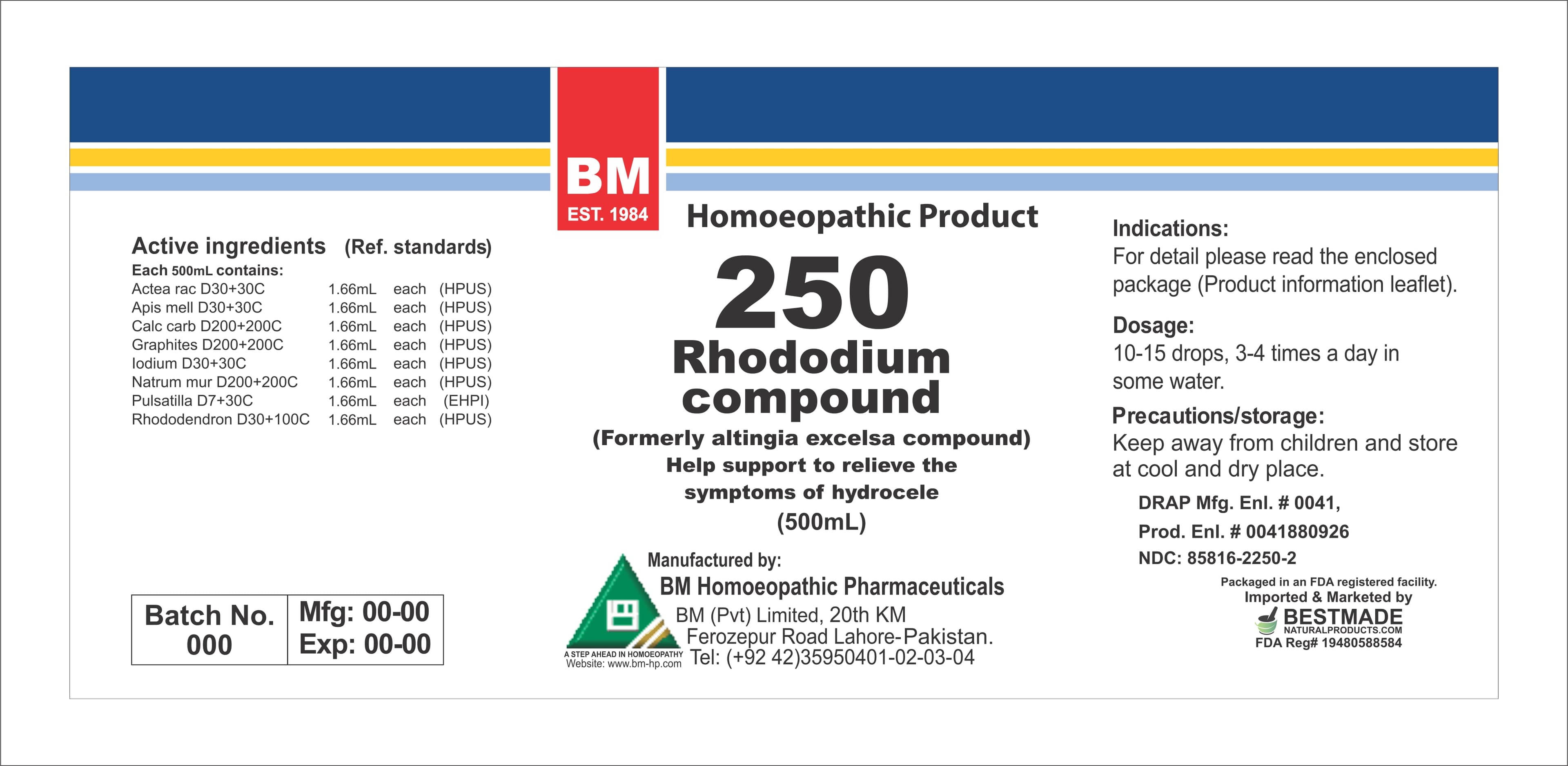 Rhododium package label