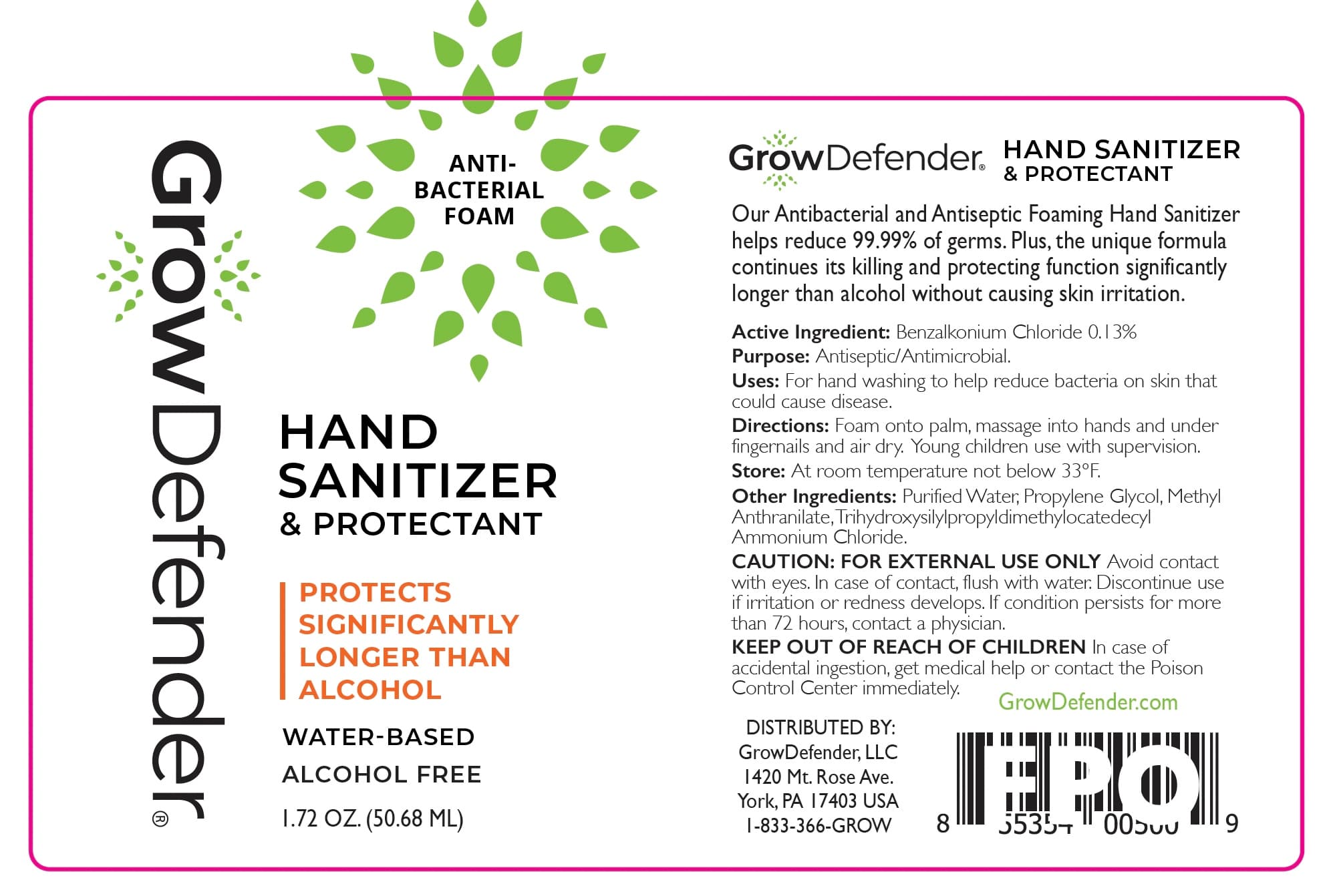 Growdefender Antibacterial Foam package label