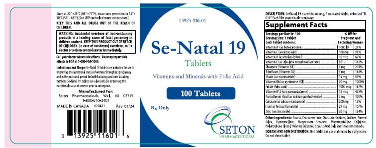 Se-Natal 19 (.beta.-Carotene, Ascorbic Acid, Cholecalciferol, .alpha.-Tocopherol Acetate, Dl-, Thiamine, Riboflavin, Niacinamide, Pyridoxine Hydrochloride, Folic Acid, Cyanocobalamin, Calcium Pantothenate, Calcium Carbonate, Ferrous Fumarate, Zinc Oxide and Docusate Sodium) package label
