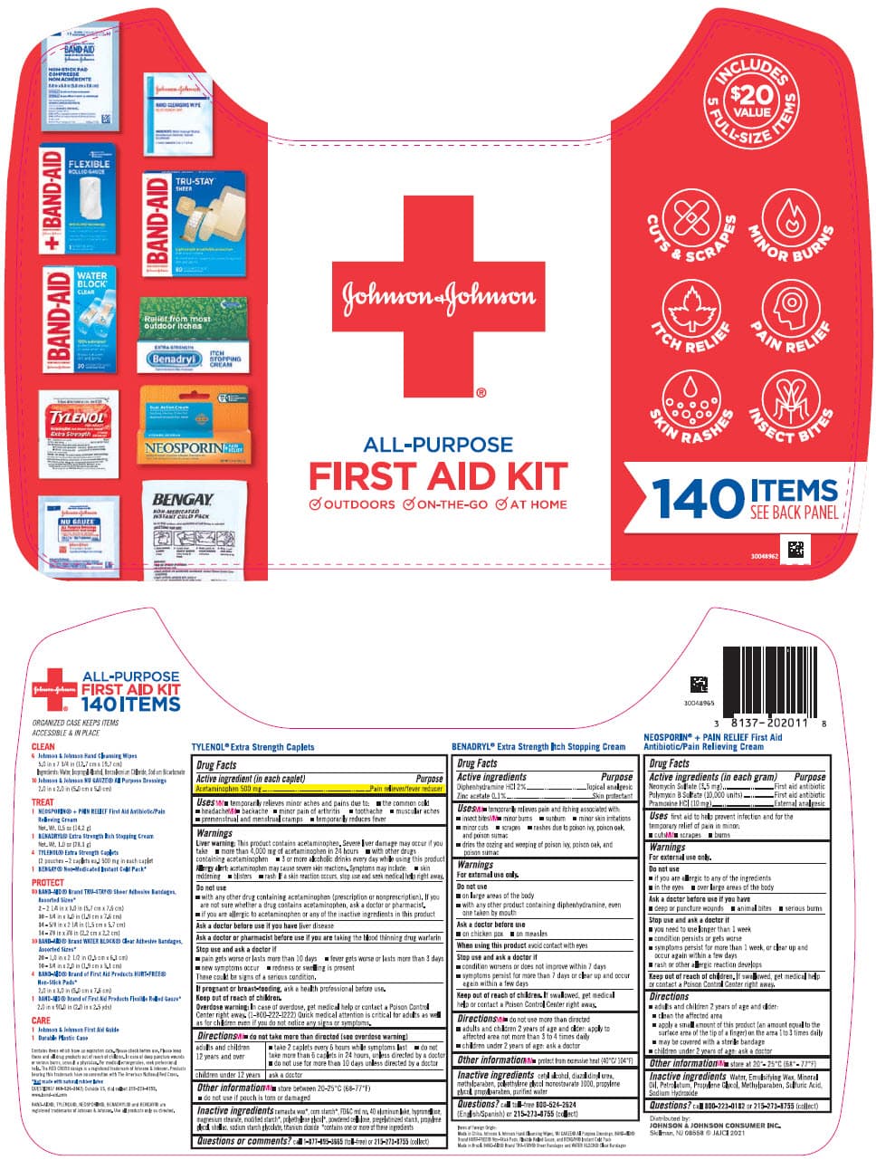 Johnson and Johnson All Purpose First Aid Kit (Acetaminophen, Diphenhydramine Hydrochloride, Zinc Acetate, Neomycin Sulfate, Polymyxin B Sulfate, and Pramoxine Hydrochloride) package label