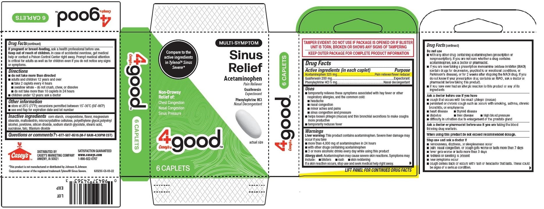 Sinus Relief, Caseys 4good (Acetaminophen, Guaifenesin, Phenylephrine HCL Caplet, Film-Coated) package label
