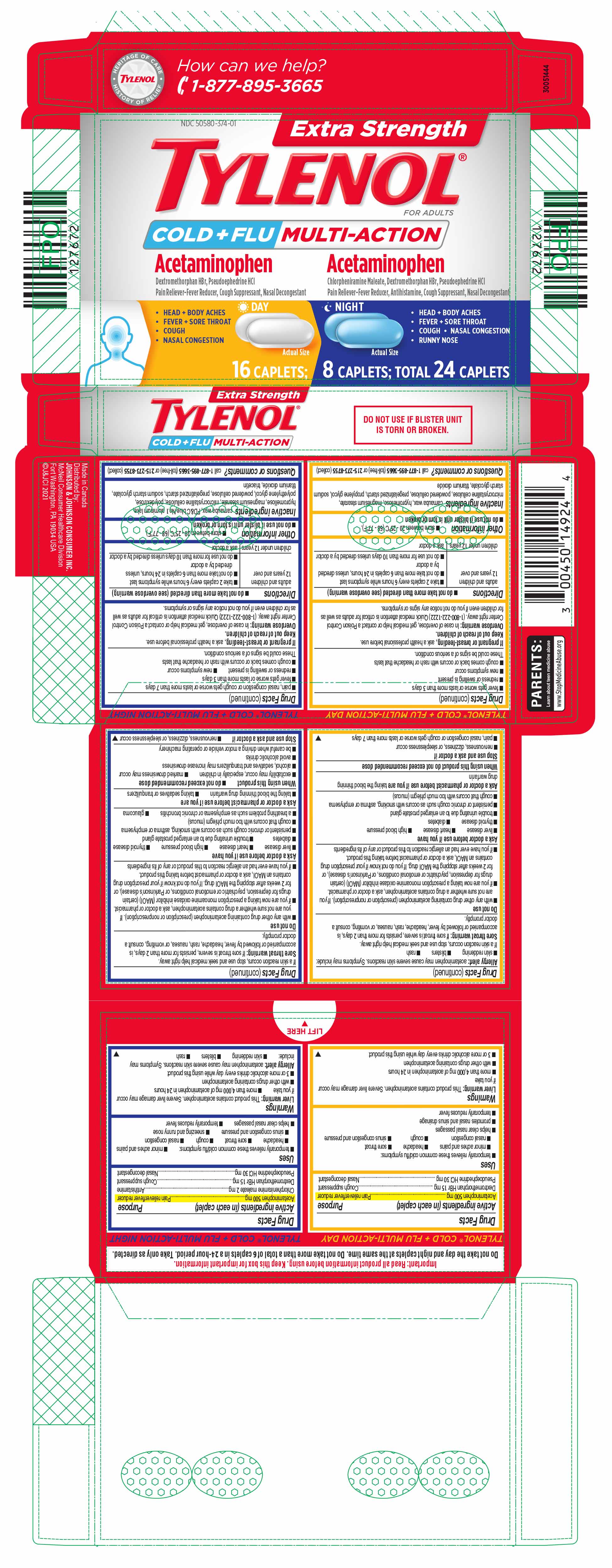 Extra Strength Tylenol Cold Plus Flu Multi-Action (Acetaminophen, Pseudoephedrine Hydrochloride, and Dextromethorphan Hydrobromide) package label