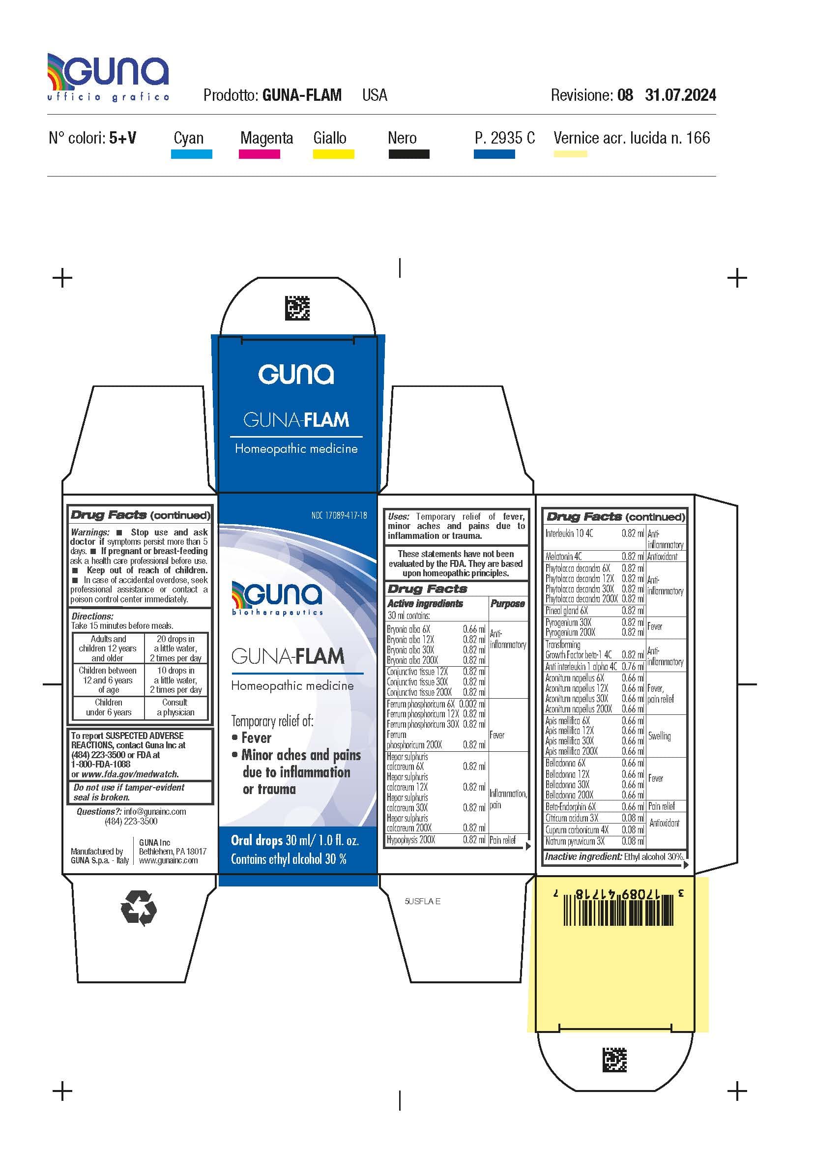 Guna-Flam (Aconitum Napellus - Apis Mellifera - Atropa Belladonna - Basic Cupric Carbonate - Bryonia Alba Root - Calcium Sulfide - Citric Acid Monohydrate - Ferric Phosphate - Interleukin-10 - Melatonin - Metenkefalin - Phytolacca Americana Root - Rancid Beef - Sodium Pyruvate - Sus Scrofa Conjunctiva - Sus Scrofa Pineal Gland - Sus Scrofa Pituitary Gland - Transforming Growth Factor Beta-1 - Anti-Interleukin-1.alpha. Immunoglobulin G Rabbit -) package label
