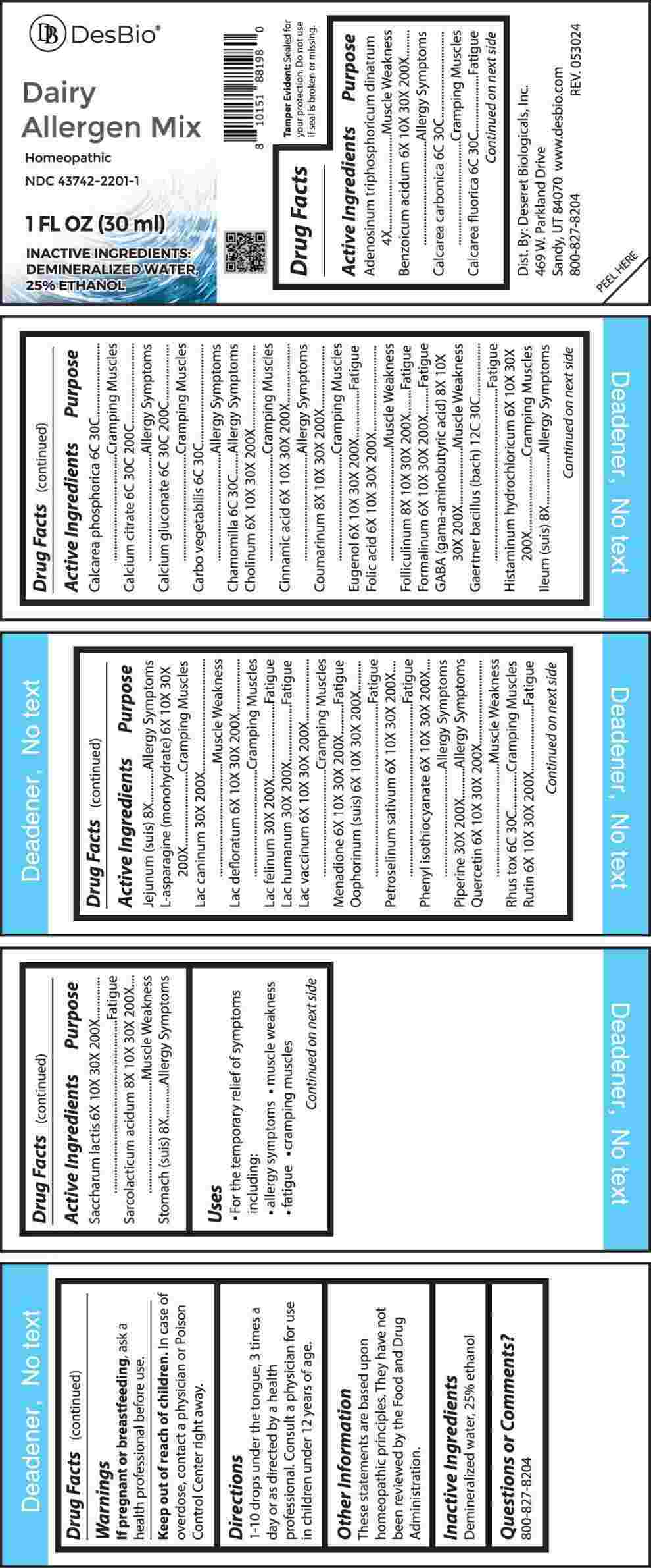 Dairy Allergen Mix (Adenosinum Triphosphoricum Dinatrum, Benzoicum Acidum, Calcarea Carbonica, Calcarea Fluorica, Calcarea Phosphorica, Calcium Citrate, Calcium Gluconate, Carbo Vegetabilis, Chamomilla, Cholinum, Cinnamic Acid, Coumarinum, Eugenol, Folic Acid, Folliculinum, Formalinum, Gaba (gamma-Aminobutyric Acid), Gaertner Bacillus (bach), Histaminum Hydrochloricum, Ileum (suis), Jejunum (suis), L-Asparagine (monohydrate), Lac Caninum, Lac Defloratum, Lac Felinum, Lac Humanum, Lac Vaccinum, Menadione,) package label