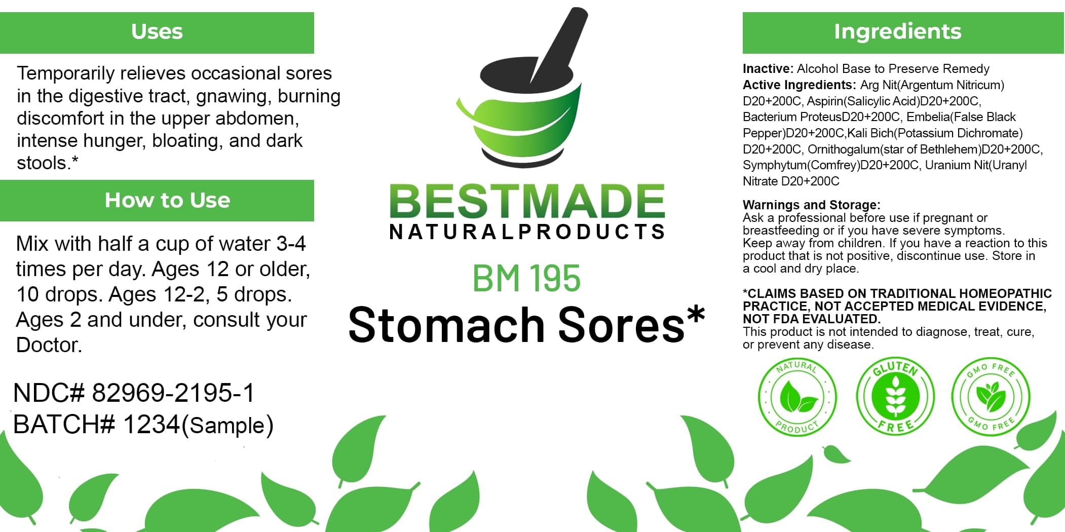 Bestmade Natural Products Bm195 (Arg Nit, Aspirin, Bacterium Proteus, Embelia, Kali Bich, Ornithogalum, Symphytum, Uranium Nit) package label