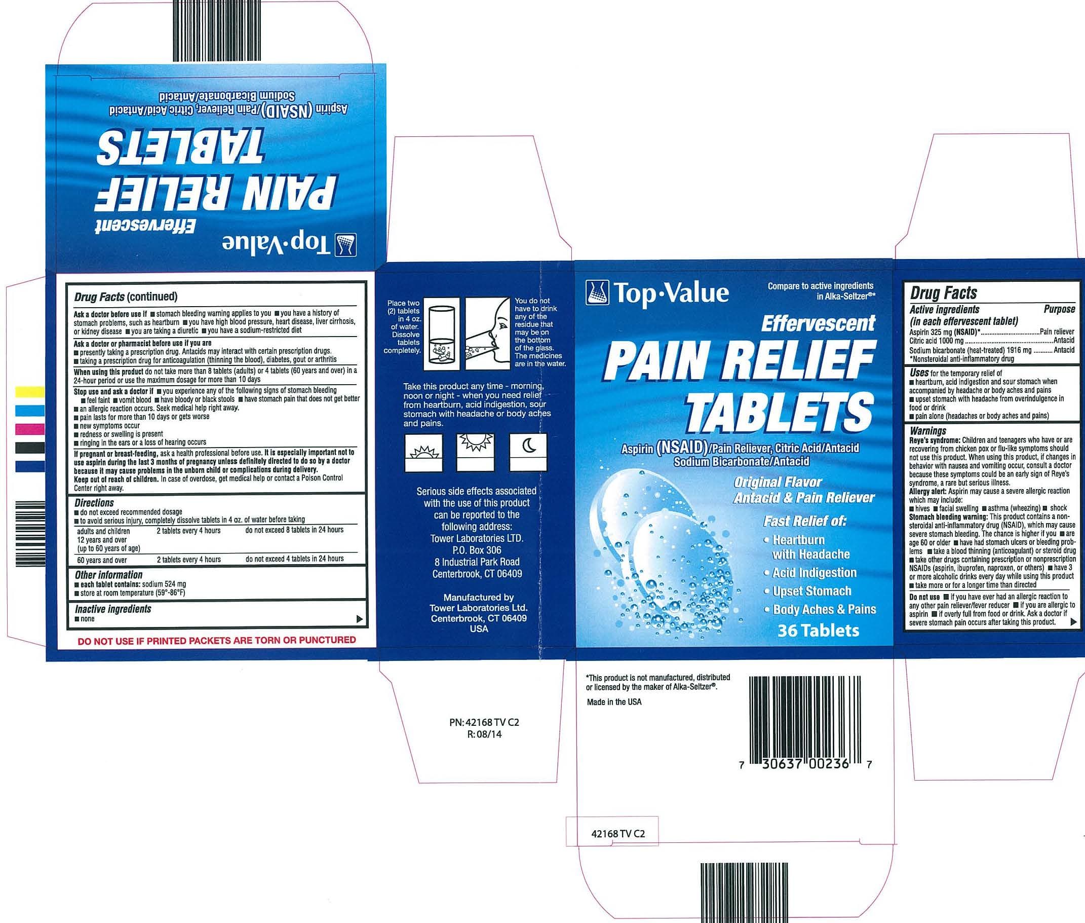 Top Value Effervescent Pain Relief (Aspirin, Citric Acid, Sodium Bicarobonate) package label