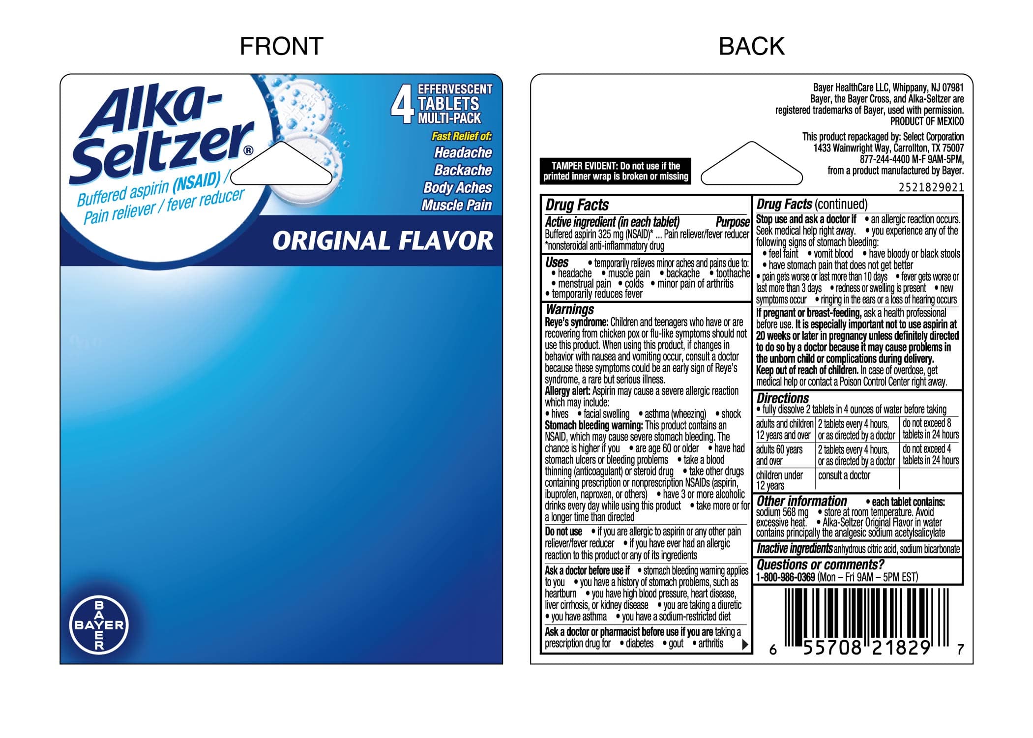 Bromo Seltzer (Aspirin, Sodium Bicarbonate, Citric Acid) package label