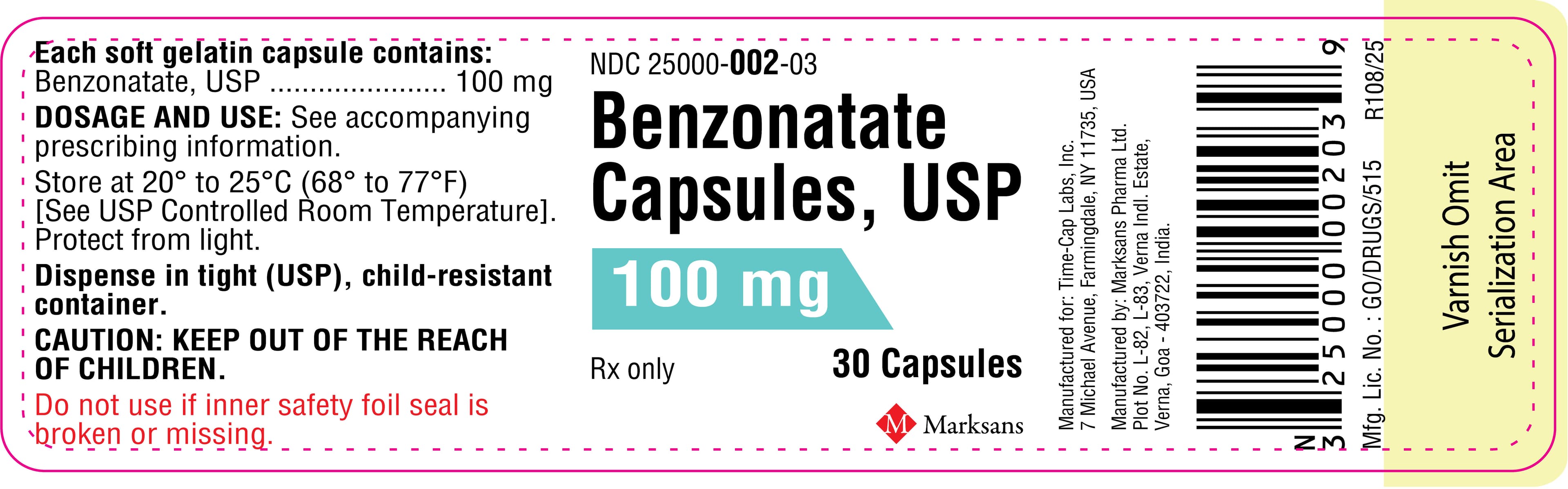 Benzonatate 200 Mg package label