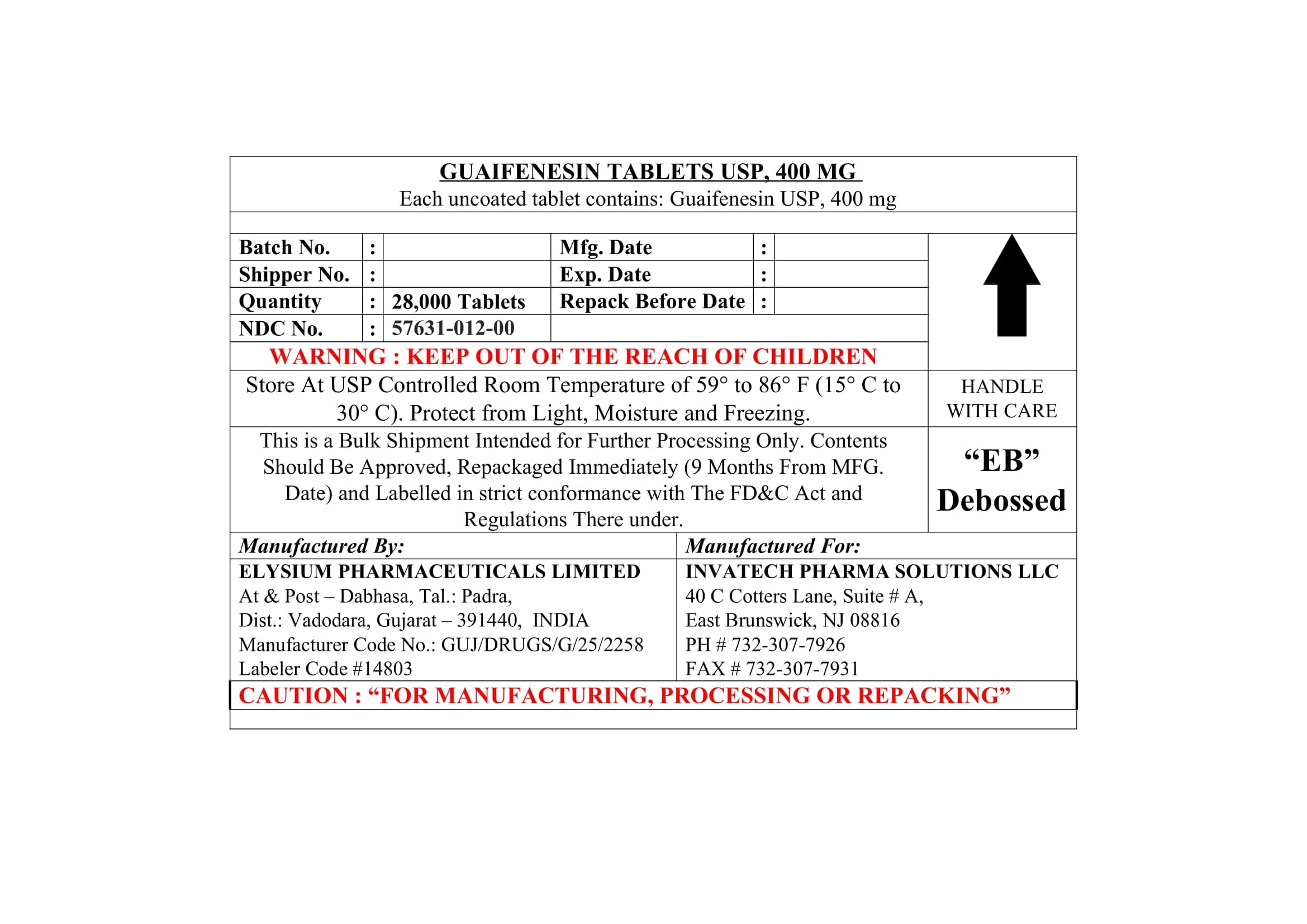 Guaifenesin Tablets 400 package label