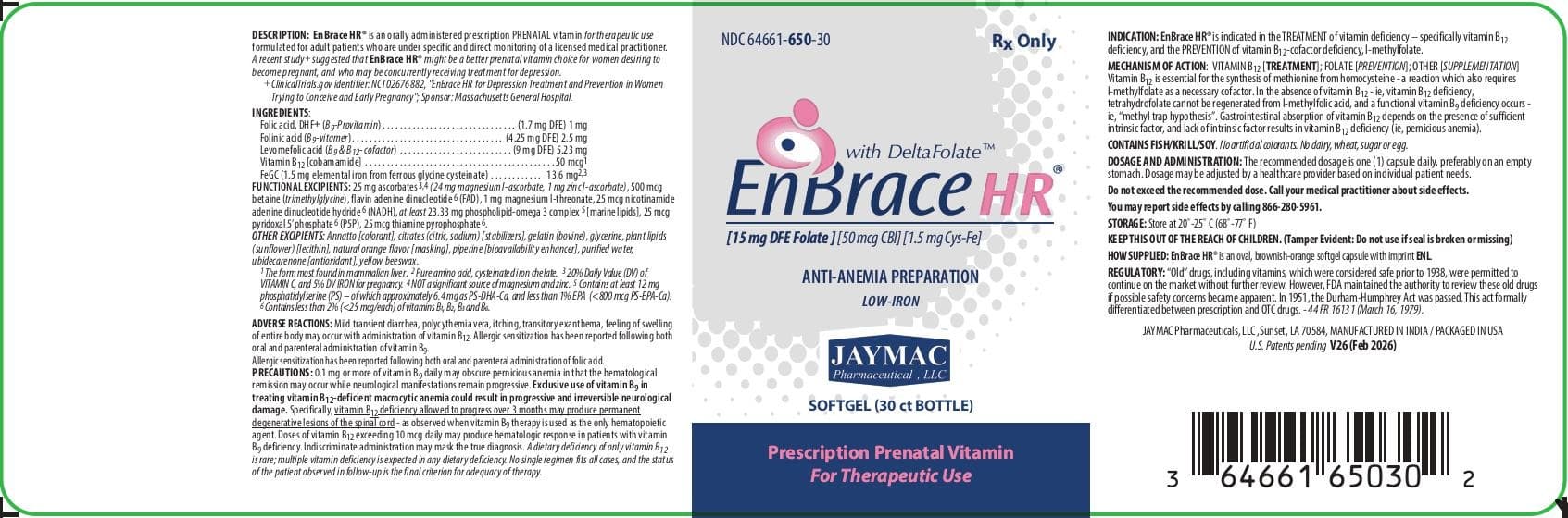 Enbrace Hr (Levomefolate Magnesium, Leucovorin, Folic Acid, Ferrous Cysteine Glycinate, Magnesium Ascorbate, Zinc Ascorbate, Cocarboxylase, Flavin Adenine Dinucleotide, Nadh, Pyridoxal Phosphate Anhydrous, Cobamamide, Betaine, Magnesium L-Threonate, 1,2-Docosahexanoyl-Sn-Glycero-3-Phosphoserine Calcium, 1,2-Icosapentoyl-Sn-Glycero-3-Phosphoserine Calcium, and Phosphatidyl Serine) package label