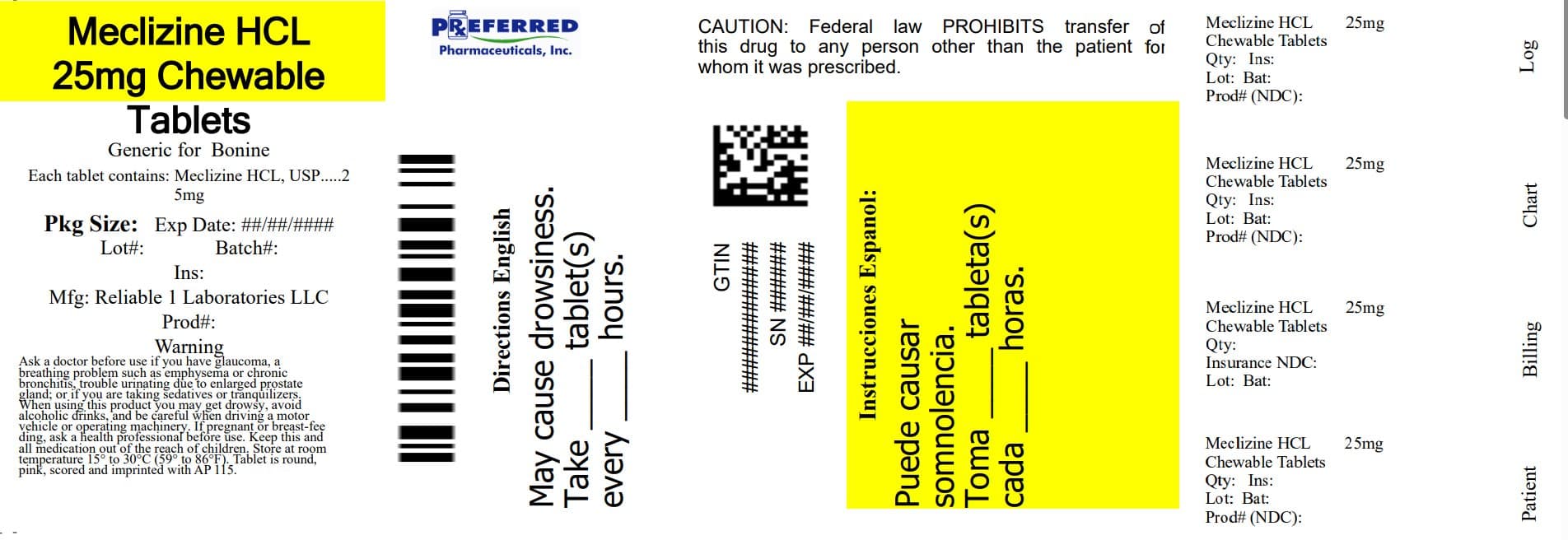 Meclizine HCL 25 Mg package label