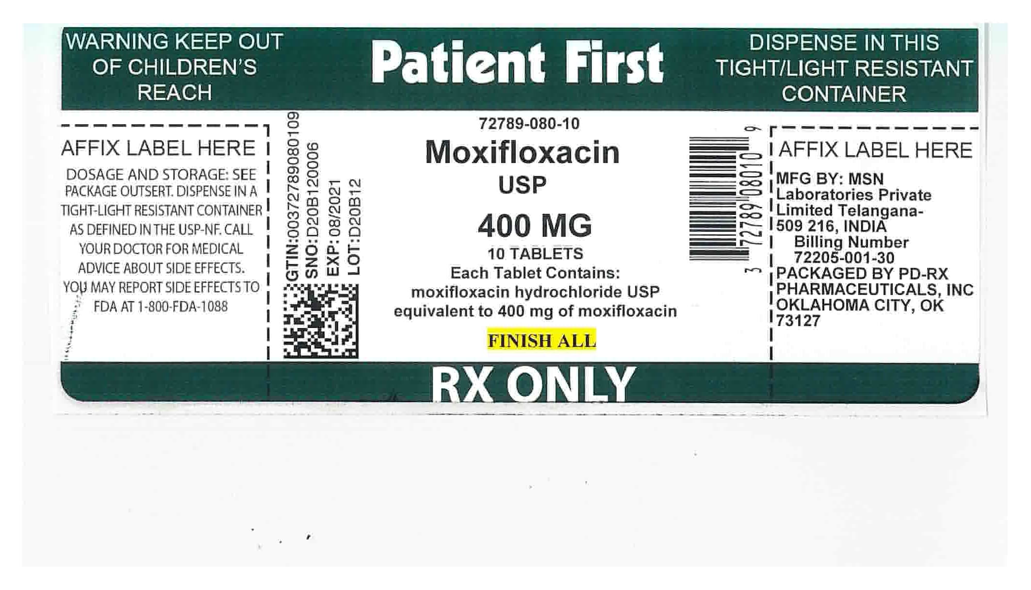 Moxifloxacin Hydrochloride Tablets, 400 Mg package label