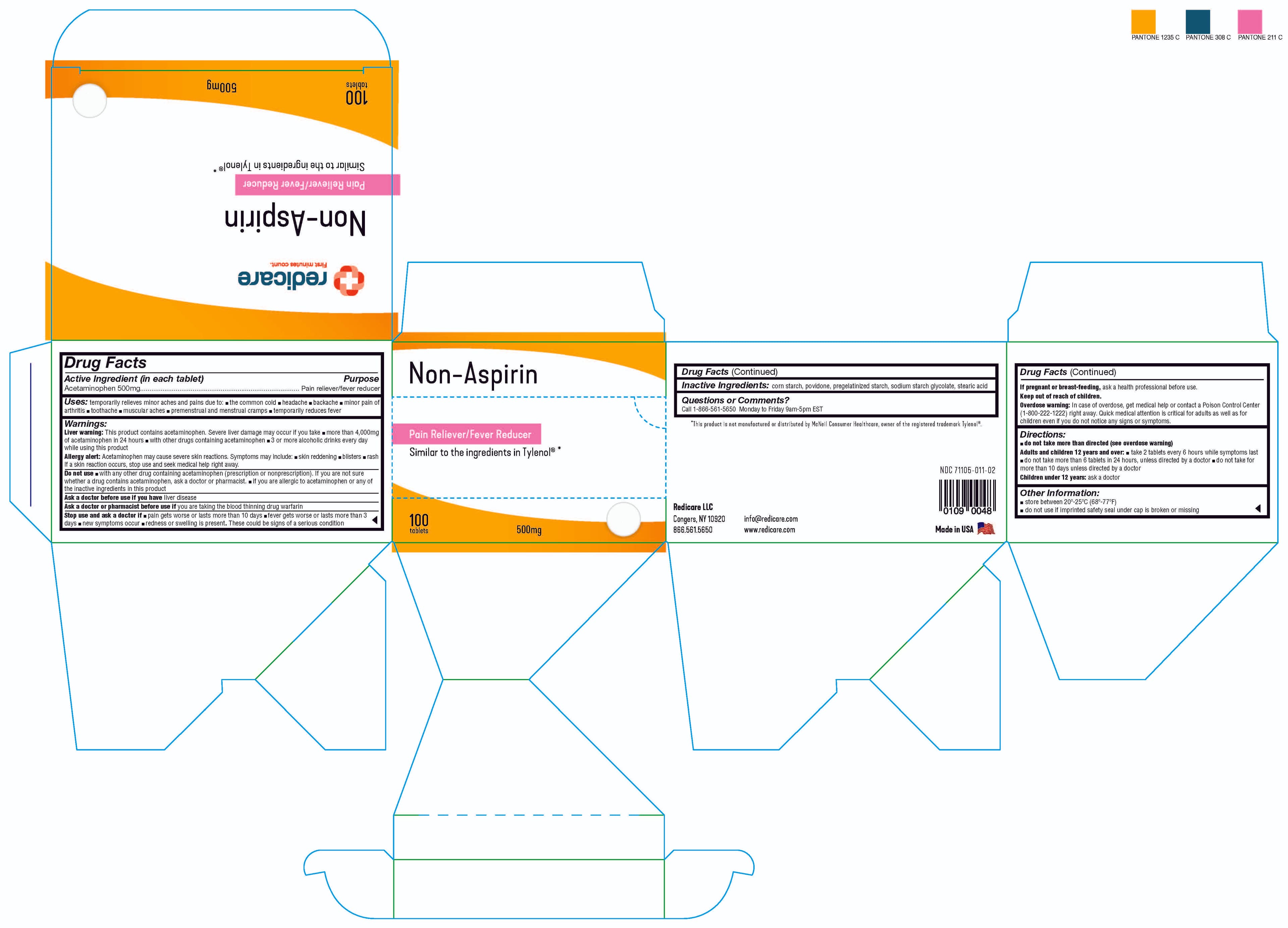 Redicare Non-Aspirin, Acetaminophen 500mg package label