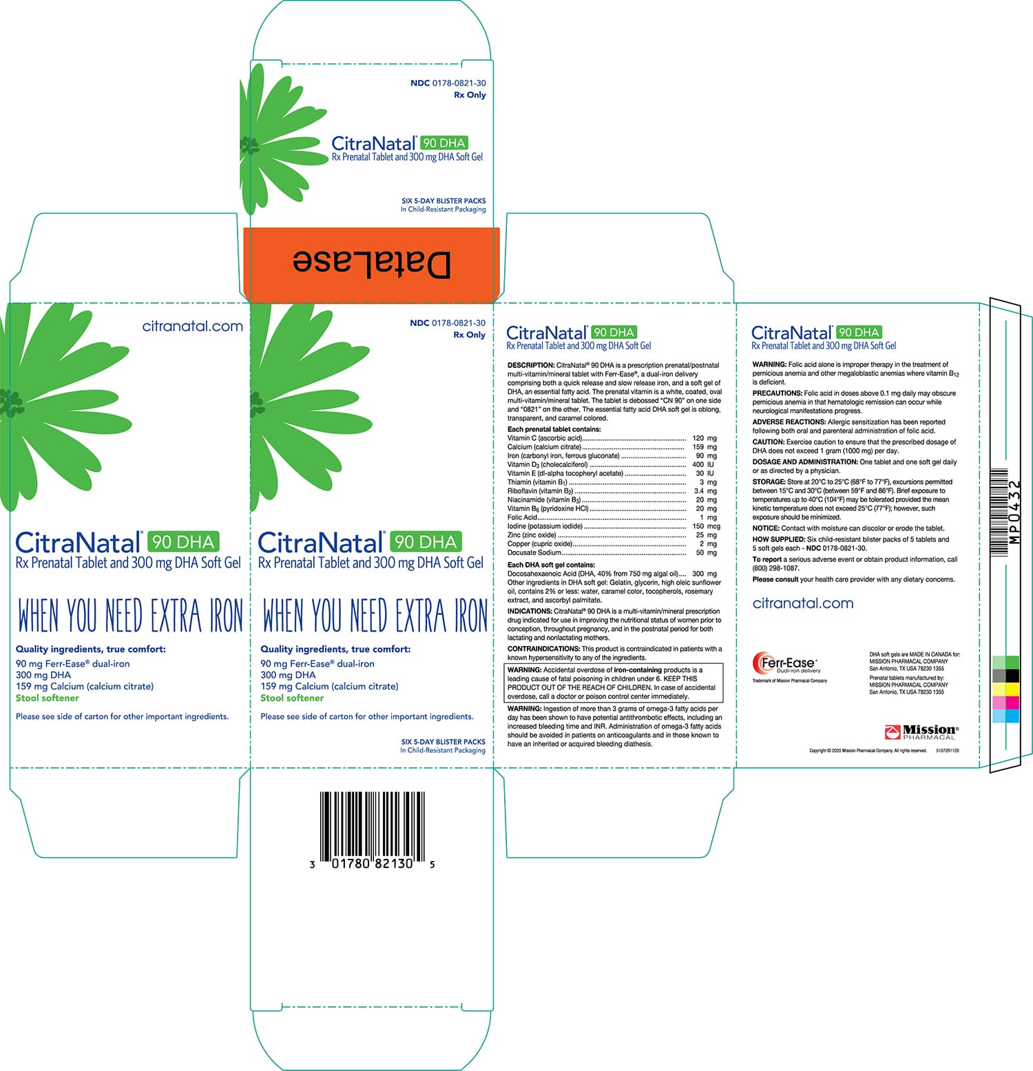 Citranatal 90 DHA (Vitamin C, Calcium, Iron, Vitamin D3, Vitamin E, Thiamin, Riboflavin, Niacinamide, Vitamin B6, Folic Acid, Iodine, Zinc, Copper, Docusate Sodium) package label