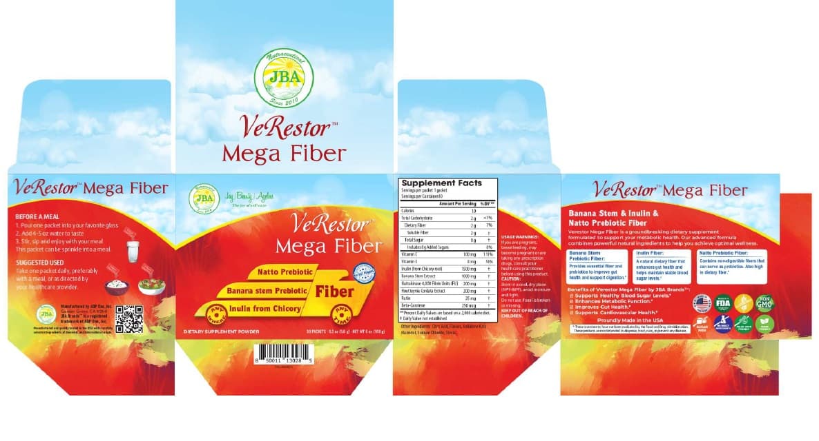Jba Verestor Mega Fiber Powder (Vitamin C,vitamin E,inulin,banana Stem Extract,nattokinase,houttuynia Cordata Extract,rutin,beta-Carotene) package label
