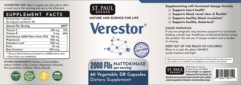 St. Paul Brands Verestor (Vitamin C,vitamin E,nattokinase,phytosterol,dokudami Leaf,rutin,beta-Carotene) package label