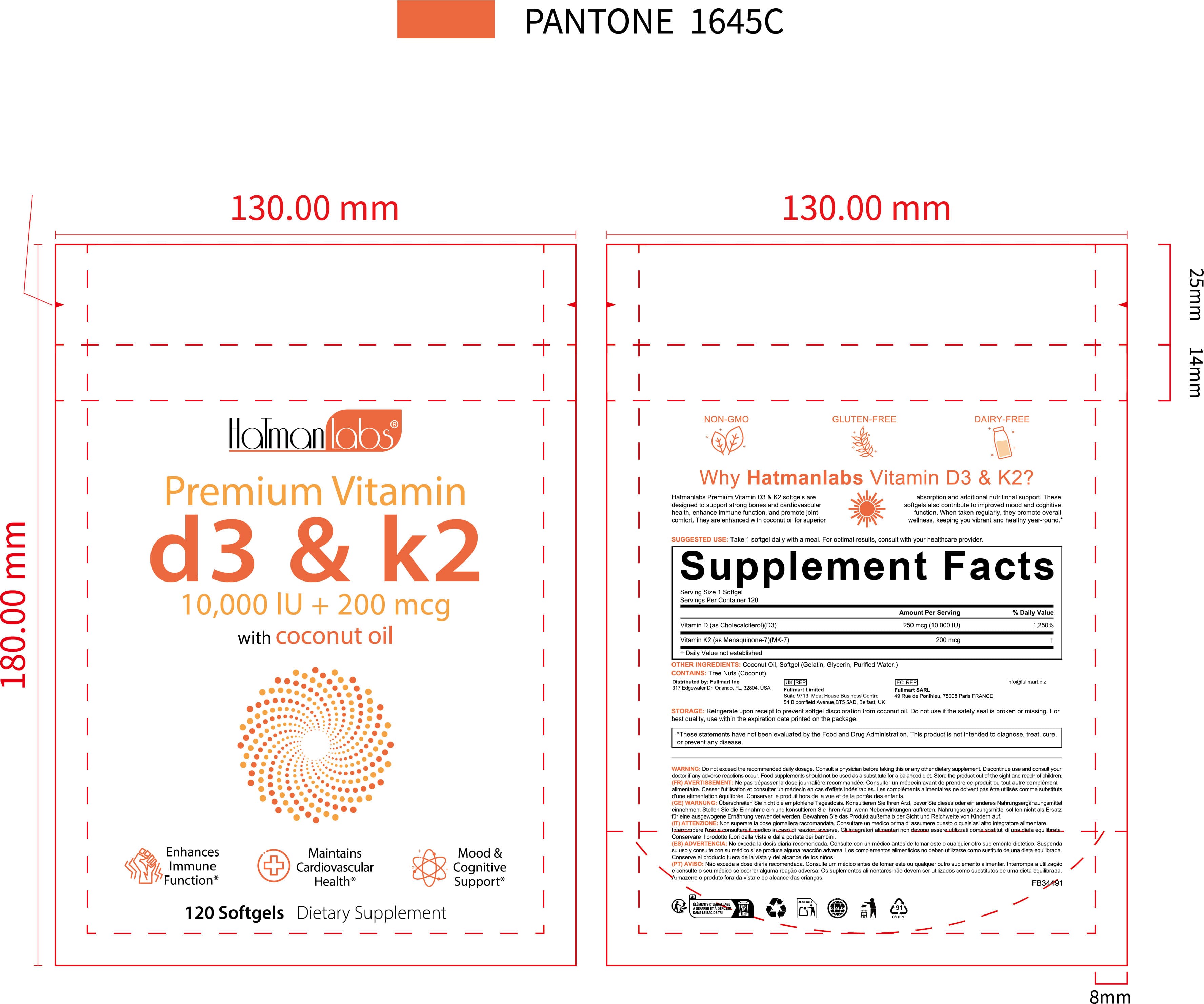 Hatmanlabs Vitamin D3 K2 with Coconut Oil 120 Softgels (Vitamin D3, Vitamin K2) package label