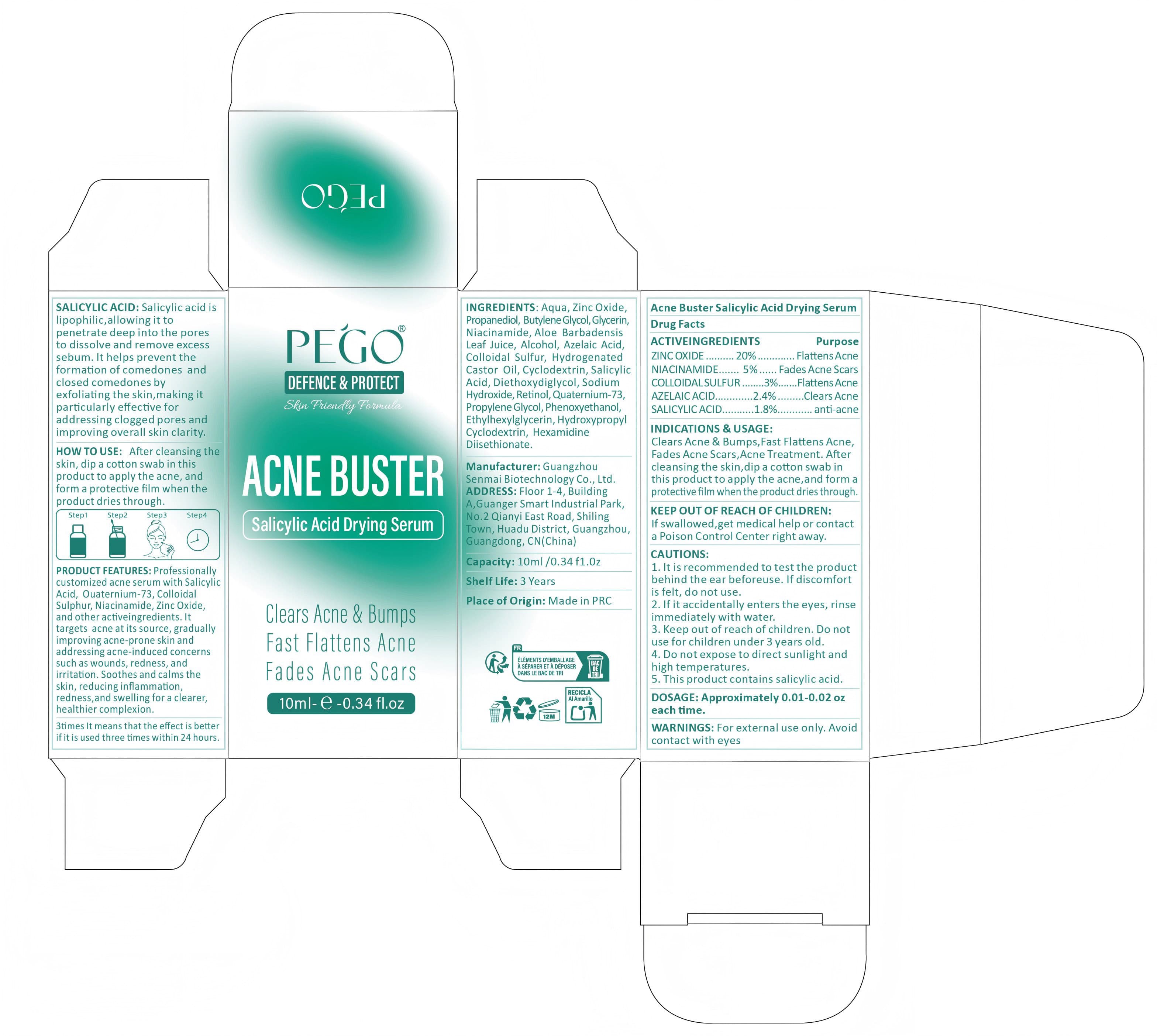 Acne Buster Salicylic Acid Drying Serum (Zinc Oxide,niacinamide,colloidal Sulfur,azelaic Acid,salicylic Acid.) package label