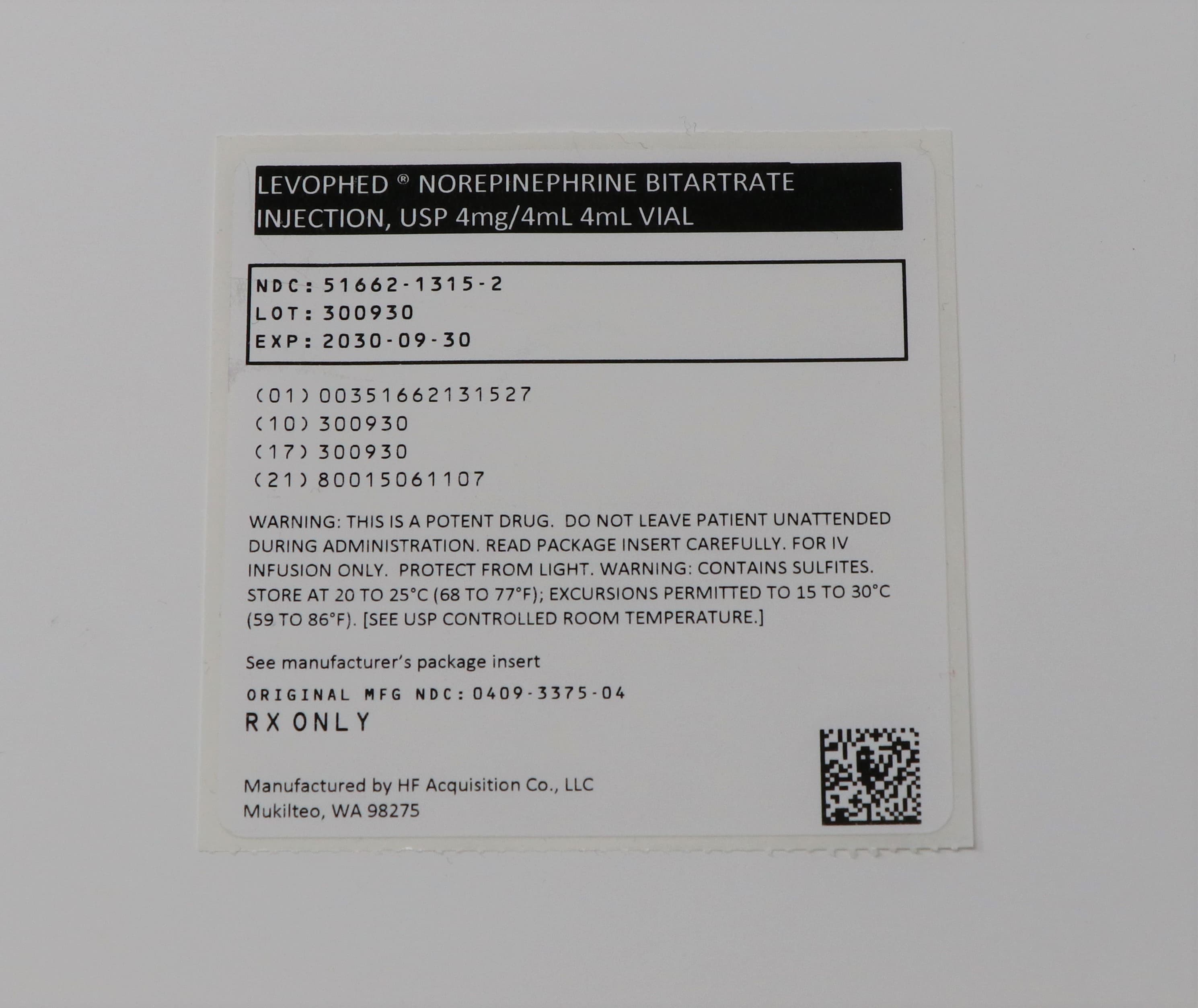 Levophed(r) Norepinephrine Bitartrate package label