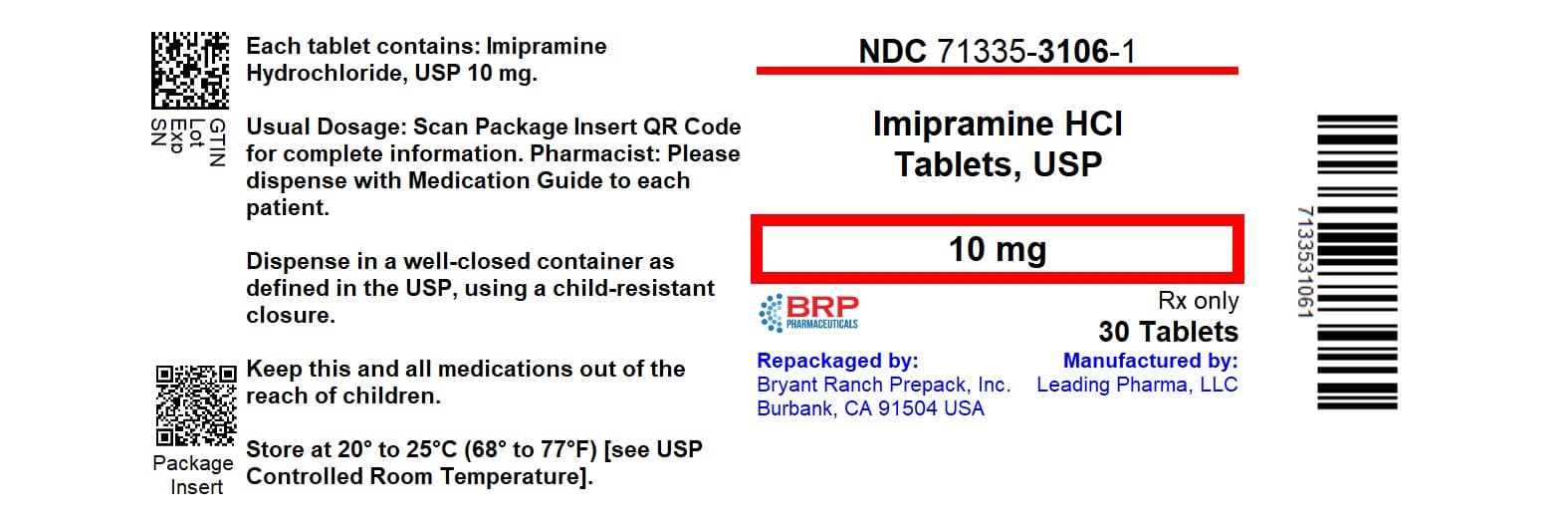 Imipramine Hydrochloride package label