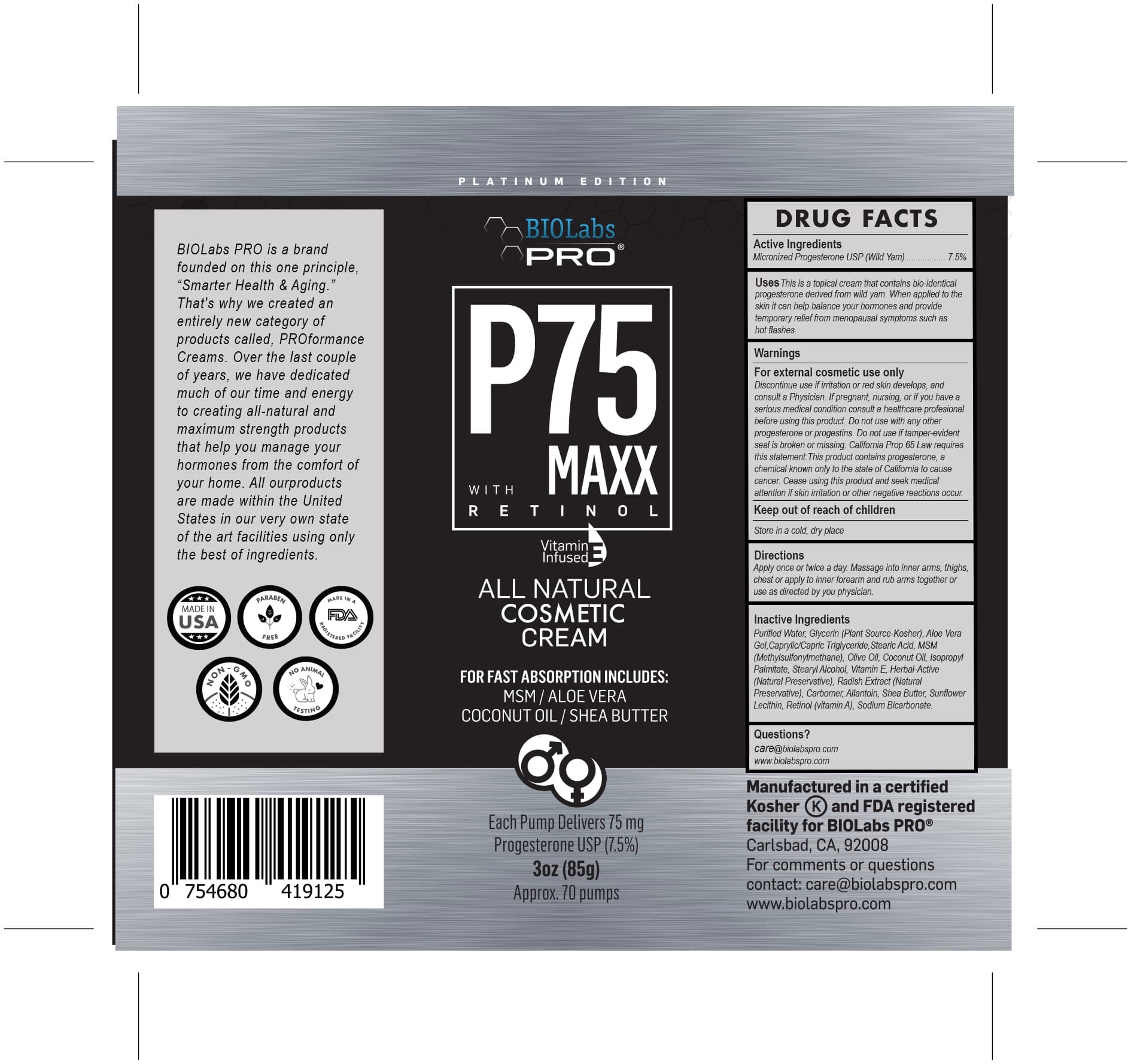 P75 Progesterone Cream package label